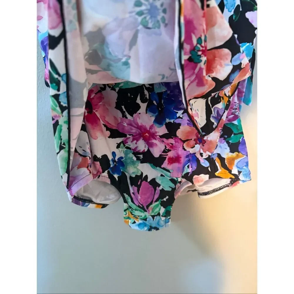 Maxine Of Hollywood One Piece Swim Dress Swimsuit Floral Multicolor Size 12